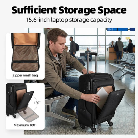 Person using black lightweight 20 inch carry on luggage with 15.6-inch laptop storage capacity in airport setting