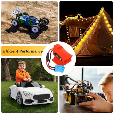 Collage featuring 18V Battery Adapter Kit With 12AWG Wire for RC cars, riding toys, camping lights, and robotic projects.