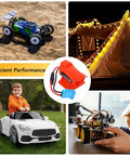 Collage of RC car, lit tent, child in toy car, and robot with 18V Battery Adapter Conversion Kit With 12AWG Wire And 40A High Current