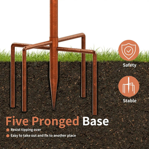 Five prong base of Vintage Copper Metal Bird Bath Stand For Outdoors, 42.1 Inch Tall Garden Bird Feeder With Five Prong Base Stake.