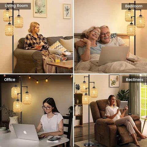 Boho Rattan Tree Floor Lamp With Three Edison Bulbs, Industrial Black Standing Farmhouse Style in diverse home settings.