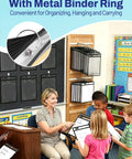 Teacher showing Oversized Dry Erase Pockets With Rings Pack of 30 for Reusable Worksheets in classroom setting.