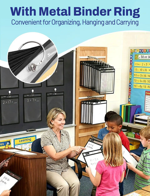 Teacher showing Oversized Dry Erase Pockets With Rings Pack of 30 for Reusable Worksheets in classroom setting.
