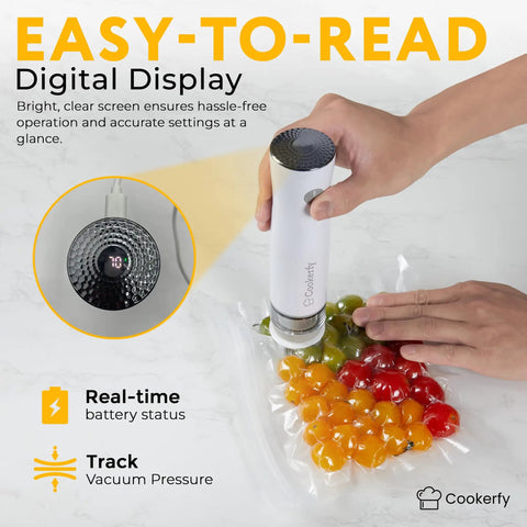 Person using Must Have Food Vacuum Sealer Machine With Digital Display And Visible Tank 8L Air Flow to seal tomatoes