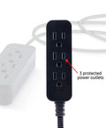 Black power strip with 3 grounded outlets, 8 ft braided cord, flat plug, and surge protection, UL Listed, 250 Joules, 10 pack.