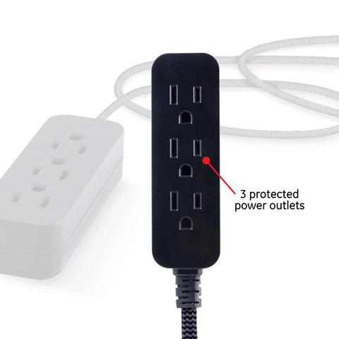 Black power strip with 3 grounded outlets, 8 ft braided cord, flat plug, and surge protection, UL Listed, 250 Joules, 10 pack.