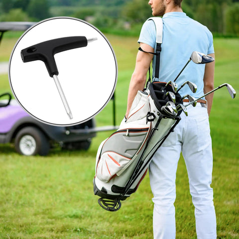 Dual Bit Golf Torque Wrench With T20 And T25 Heads, Universal Shaft Adapter, shown alongside a golfer with a bag and clubs
