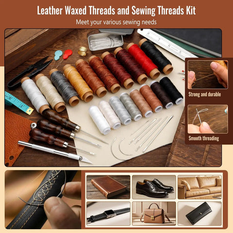 Leather Waxed Threads and Sewing Threads Kit with various colored spools, needles, stitching tools, and leather samples displayed.