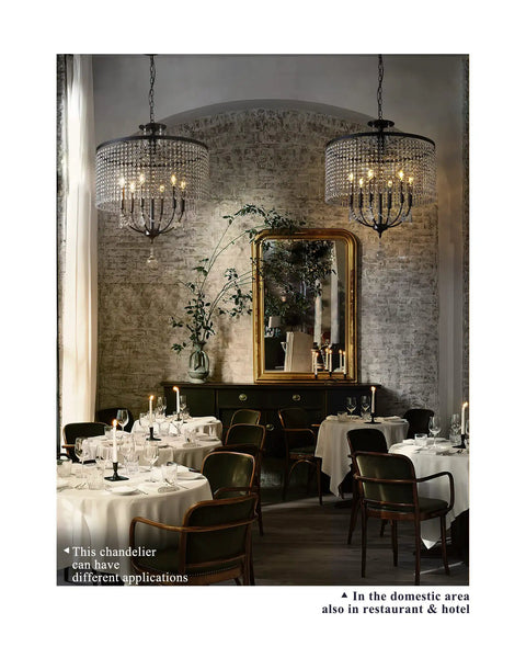 Modern Black 24 Inch Farmhouse Crystal Chandelier With 6 Lights in a restaurant setting, K9 crystal string drops visible