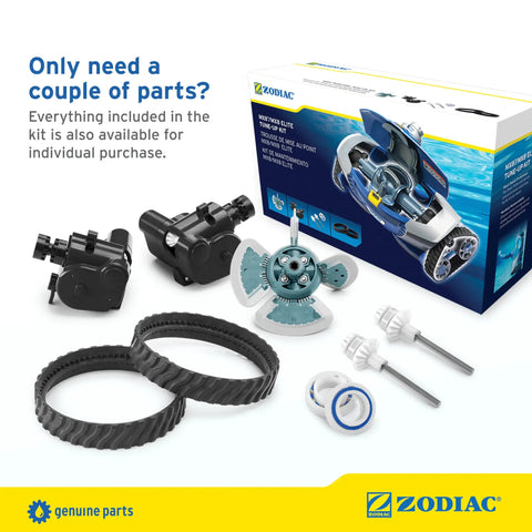 MX8 And MX8 Elite Pool Cleaner Tune Up Kit with parts like turbine, directional devices, tracks, and box