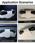 Premium Leather Sunglasses Holder For Car Visor With Secure Clip Stays Put And Protects Sunnies From Scratches Universal Fit For Cars Suvs Trucks, showcased in four application scenarios: car door, handle, back seat pocket, and sun visor.