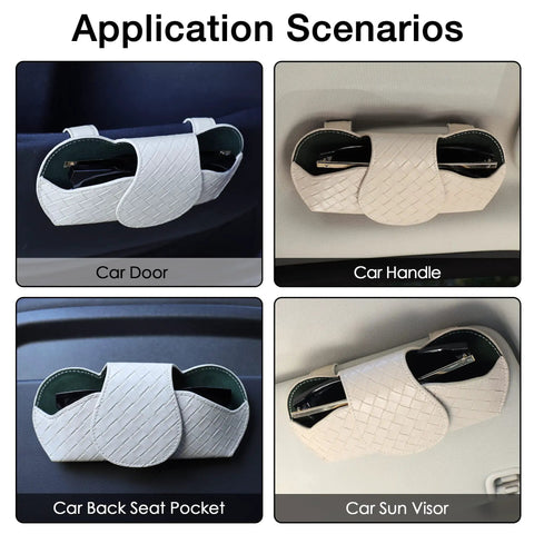 Premium Leather Sunglasses Holder For Car Visor With Secure Clip Stays Put And Protects Sunnies From Scratches Universal Fit For Cars Suvs Trucks, showcased in four application scenarios: car door, handle, back seat pocket, and sun visor.
