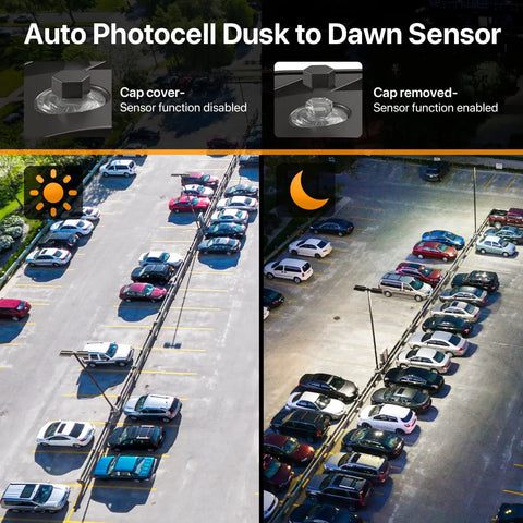 Day and night view of parking lot lit by Ultra Bright 300W LED Parking Lot Light With 45000 Lumens 5000K Daylight IP65 Outdoor Shoebox Slip Fitter Pole Mount Street Lighting For Parking Lots And Roads 120-277V 150 Lm Per Watt Quick Install