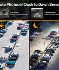 300W LED Parking Lot Light With Quick Install Adjustable Arm Mount Shoebox Design 5000K Daylight 45000 Lumen Output Energy Saver Dusk To Dawn Flood Light 100 To 277 Volt IP65 Waterproof For Parking Lots Barns And Commercial Use auto photocell dusk to dawn sensor showing daylight and night parking lot lighting comparison.