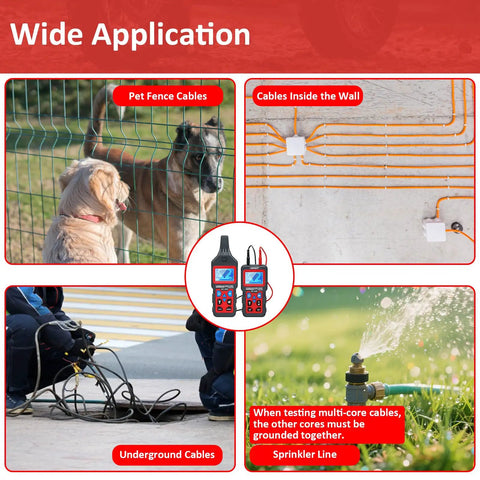 Underground Cable Locator and Wire Tracker NF826 for Dog Fence Cables, Pro Grade Cable Tester to Find Buried Wires, Detect Short Circuits, Fuses and Wall Faults, Grounding Ready, Quick and Easy Cable Hunt for Pros and DIYers showcasing various applications