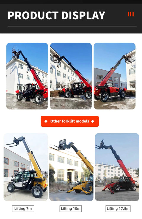 Product display of Heavy Duty Hydraulic Telescopic Handler With Sturdy Long Boom Forklift in multiple lifting configurations.