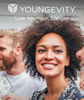Group of three people smiling with Youngevity branding and slogan "Live Younger, Longer" visible above.