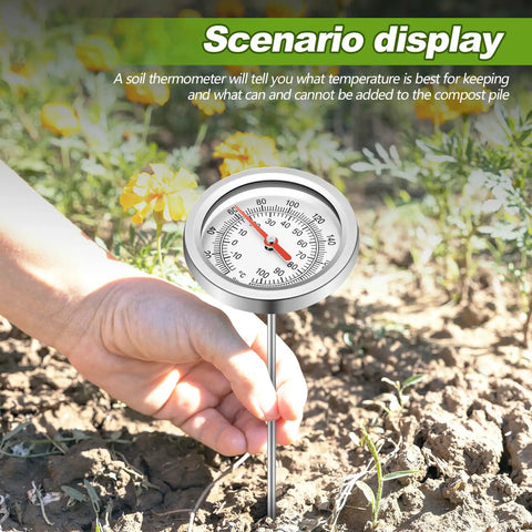 Pro Grade Extendable 39.4 Inch Compost Thermometer With Stainless Steel Stem, Waterproof Soil Temperature Gauge for Celsius and Fahrenheit Readings, Heavy Duty Deep Pile Monitoring, Includes Composting Temperature Guide, Durable Garden Tool hand measuring soil temperature in garden