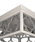 Close-up of Gablecrest 2-Light Distressed White Flush Mount Ceiling Light, Dimmable, square frame detail with decorative cutouts