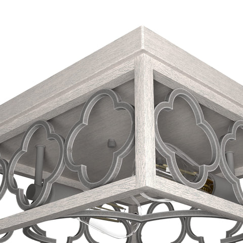 Close-up of Gablecrest 2-Light Distressed White Flush Mount Ceiling Light, Dimmable, square frame detail with decorative cutouts