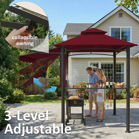 Family under an 8x8 Ft Grill Gazebo With Extra Large Adjustable Awning 2 Side Shelves 6 Hooks Powder Coated Steel BBQ Shelter in a backyard.