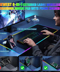 Wireless Charging Desk Pad With Built In Mouse Pad And Phone Holder And RGB Lighting For Home Office Large Gaming Ultra Smooth Surface Non Slip Waterproof Keyboard Mat 15W Fast Charge For iPhone And Samsung Galaxy Phones, shown on a desk with computer setup.