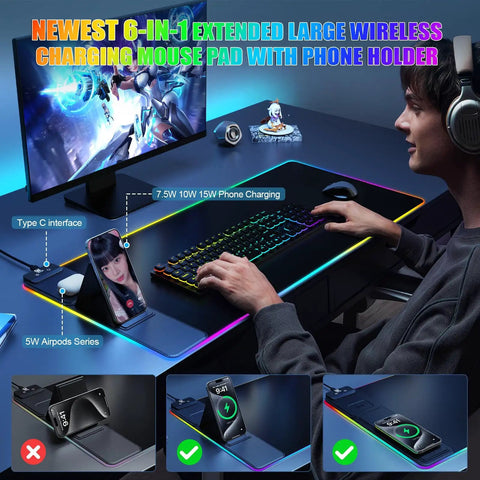 Wireless Charging Desk Pad With Built In Mouse Pad And Phone Holder And RGB Lighting For Home Office Large Gaming Ultra Smooth Surface Non Slip Waterproof Keyboard Mat 15W Fast Charge For iPhone And Samsung Galaxy Phones, shown on a desk with computer setup.