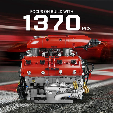 Visible V8 Engine Model Kit For Adults Build Your Own Working Car Motor, detailed red camshaft and turbo parts, 1,370 pieces