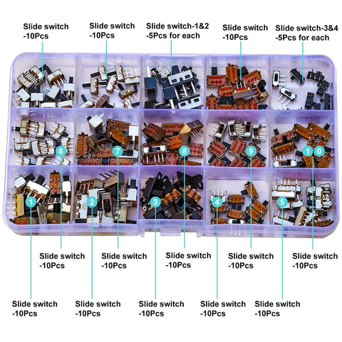 Assorted Mini Micro Slide Switch Kit With 150 Pieces And 17 Styles 2Pin 3Pin 4Pin ON OFF ON Switches in plastic organizer