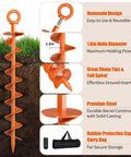 Diagram of Beefy Heavy Duty Ground Anchor Screws in 4 Pack with nuts and tool showing orange spiral design and accessory details.