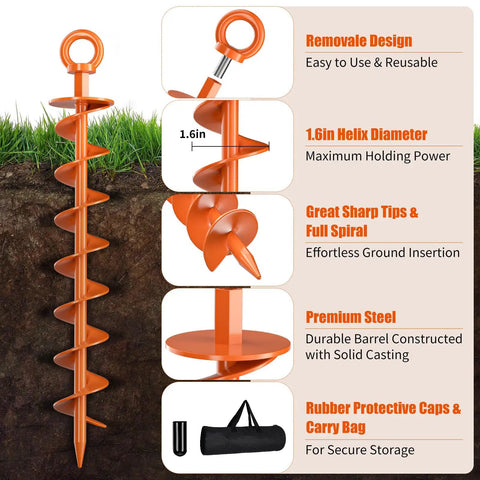 Diagram of Beefy Heavy Duty Ground Anchor Screws in 4 Pack with nuts and tool showing orange spiral design and accessory details.