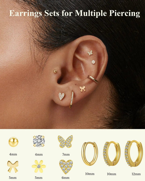 Sleep Friendly All Day Comfort Flat Back Earrings Set For Women With Hypoallergenic 14K Gold Plated Finish 20G Lightweight Studs In Cute Butterfly Bow And Flower Styles For Lobe Tragus Helix Cartilage Piercing Jewelry, gold multi-piercing set