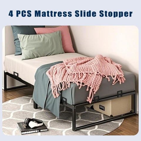 Heavy Duty Adjustable Anti Slip Mattress Grippers For Bed Frame on a bed with a pink blanket and pillows, showcasing retention features.