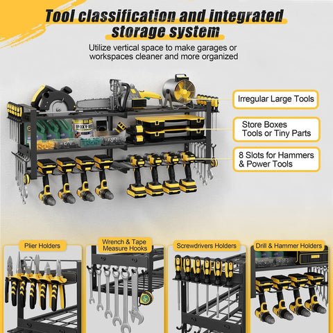 Power Tool Organizer Wall Mount Heavy Duty 350 Lbs Garage Storage Rack With Six Cordless Drill Holders 3 Tier 32 Inch Wide