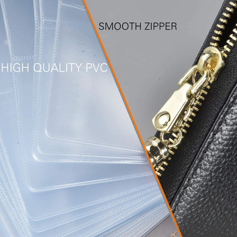 Close-up of smooth zipper and PVC slots of Women's Credit Card Holder Wallet Zip Leather Card Case RFID Blocking with 40 Card Slots