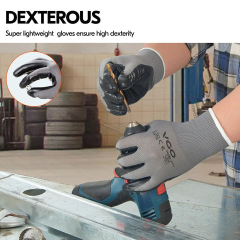 10-Pairs Safety Work Gloves With Non Slip Nitrile Coating For Gardening And DIY Projects Size Large Gray used in auto workshop