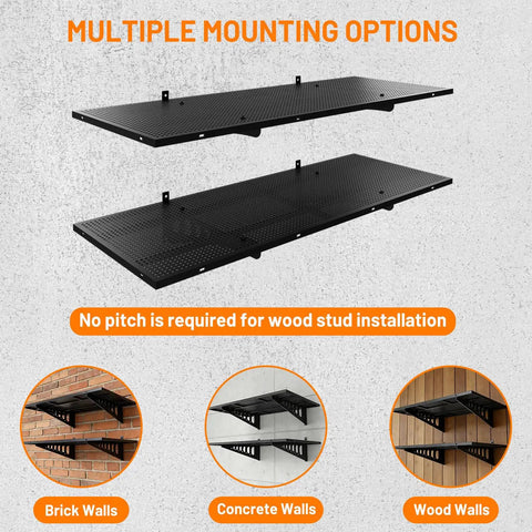 2-Pack Heavy Duty Wall Shelves 2x3ft, 500 Lb Capacity Garage Wall Mounted Shelving Racks With Complete Install Kit shown on various wall types