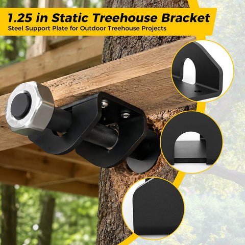 Beefy Heavy Duty Treehouse Bracket for 1.25 Inch Lag Bolts and TABs, Solid Steel Static Support Plate, Black Powder Coated Outdoor Hardware for Treehouse, Deck, and Platform Construction, 1 Pack installed on treehouse beam