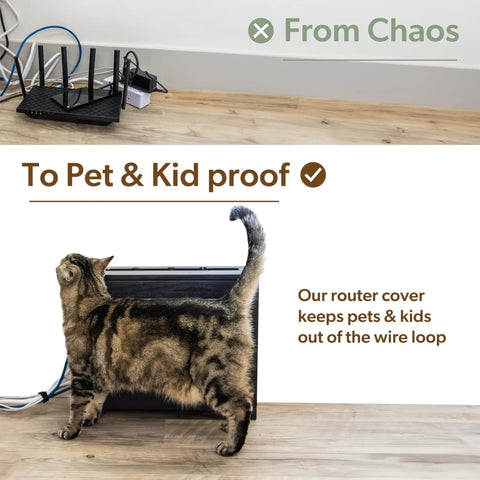Rustic Pine WiFi Router Storage Box With Wall Mount Decorative Modem Shelf Hider And Cable Management System Keeps Your Router Looking Slick Up To 11 Inches Tall Easy Home Organization For Modern Living with a cat walking by.