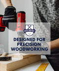 Brad point drill bit set by Baker and Bolt in use with red cordless drill on wood