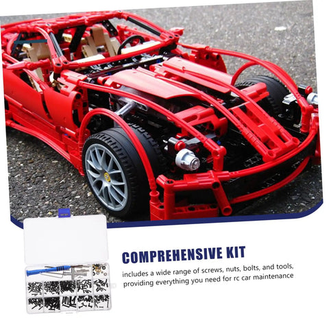 Ultimate RC Car Screw Tool Kit, Metric Fasteners, Nuts and Bolts next to red RC car model on gravel surface