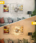 12 Lights Modern Firework Crystal Chandelier With Lit Dandelion Design Chrome Finish Stainless Steel Pendant Light in a living room