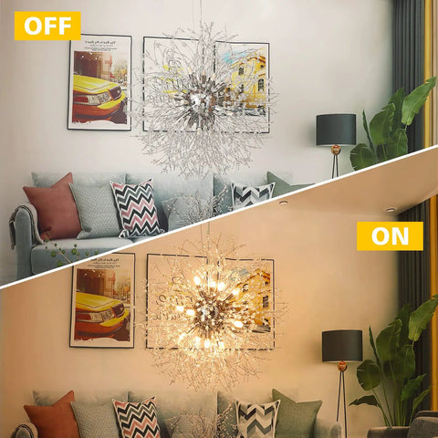 12 Lights Modern Firework Crystal Chandelier With Lit Dandelion Design Chrome Finish Stainless Steel Pendant Light in a living room