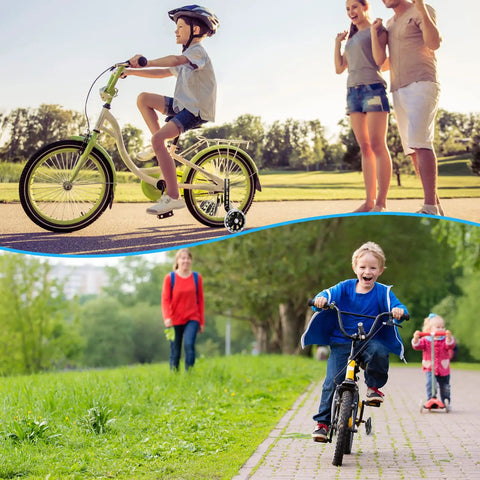 Children using Quiet Heavy Duty Training Wheels For Kids Bikes Stabilizer Kit Ride Ready Adjustable Metal And Rubber Fits 12 To 20 Inch Single Speed Bicycles Includes Bell And Reflective Sticker For Safety Noiseless Easy Install