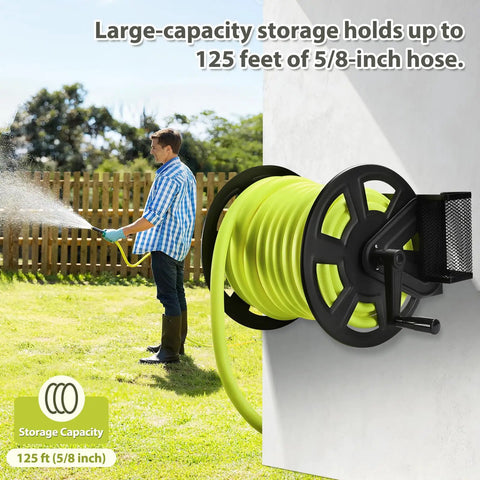 Heavy Duty Wall Mounted Garden Hose Reel, Metal Construction, Holds 125 Feet Of 5 8 Inch Hose, Includes 3.9 Foot Water Supply Hose