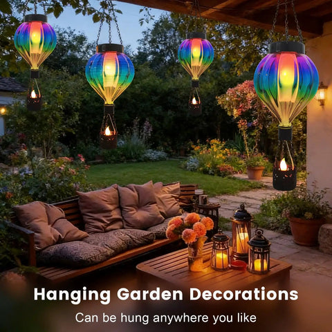 Hot Air Balloon Solar Lantern Outdoor Waterproof Hanging Glass Light With Flickering Flame Totally For Garden Backyard Patio Fence Decor Purple Gifts For Women.