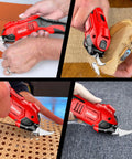 Cordless Electric Scissors For Fabric, Cardboard, And Plastic Cutting Tool With Two Replacement Blades in use on various materials