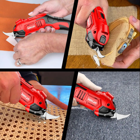 Cordless Electric Scissors For Fabric, Cardboard, And Plastic Cutting Tool With Two Replacement Blades in use on various materials