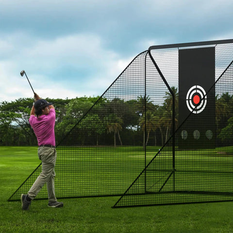 10x10 Golf Hitting Net With Side Barriers And Ball Return System For Indoor Practice shown outdoors with a golfer swinging