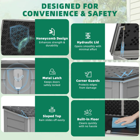 Features of the outdoor horizontal trash can storage shed with honeycomb design, hydraulic lid, metal latch, and built-in floor.